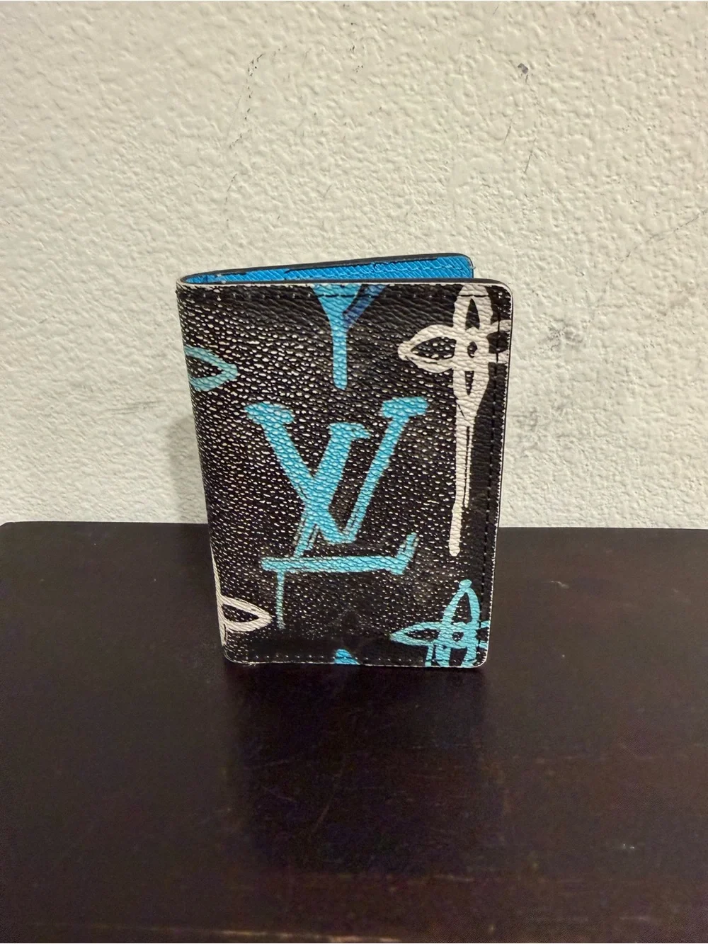 Louis Vuitton Black Card Holder with Blue and White Graffiti